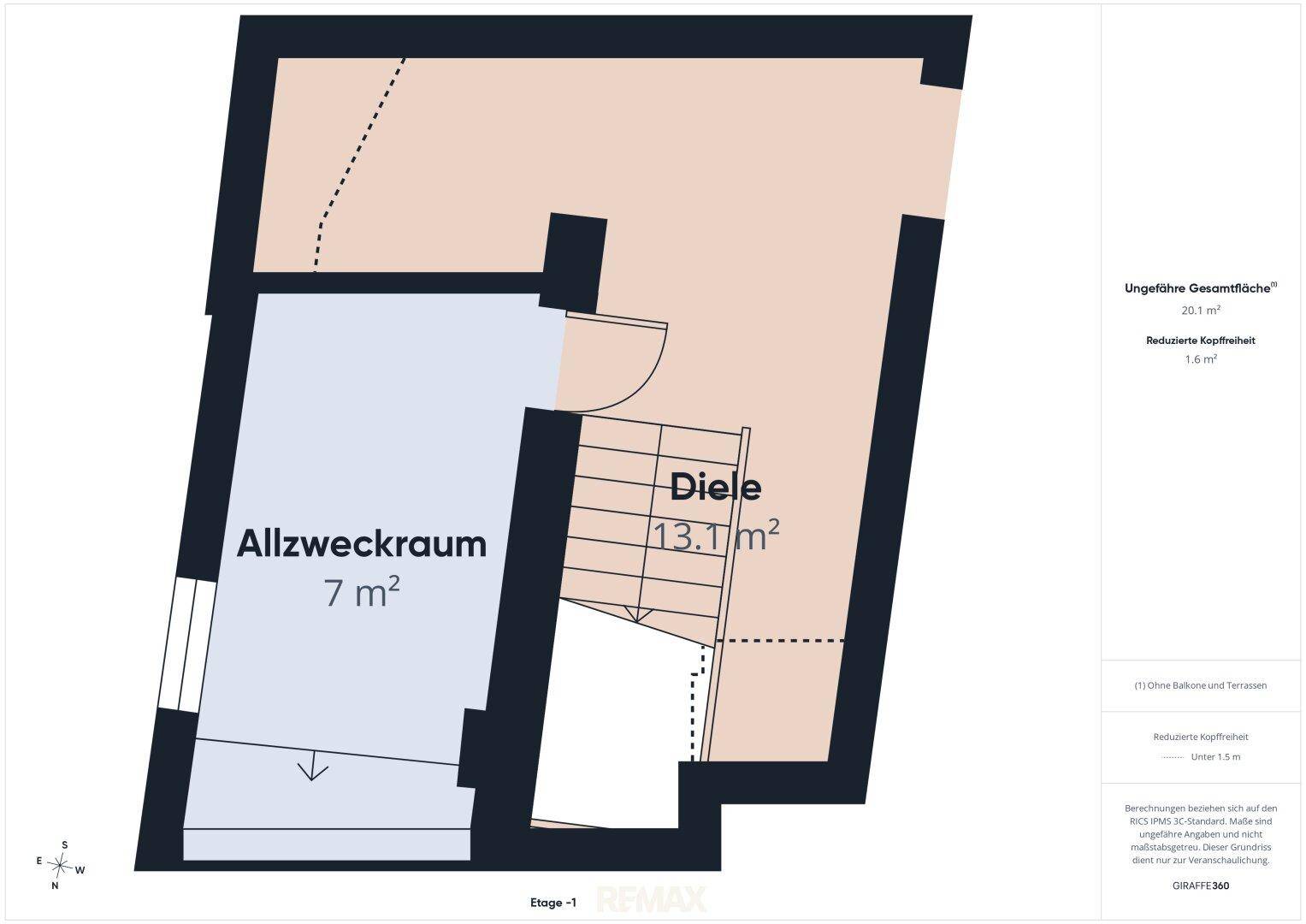 Grundriss der Etage -1 mit Allzweckraum und Diele, zeigt die Raumaufteilung.