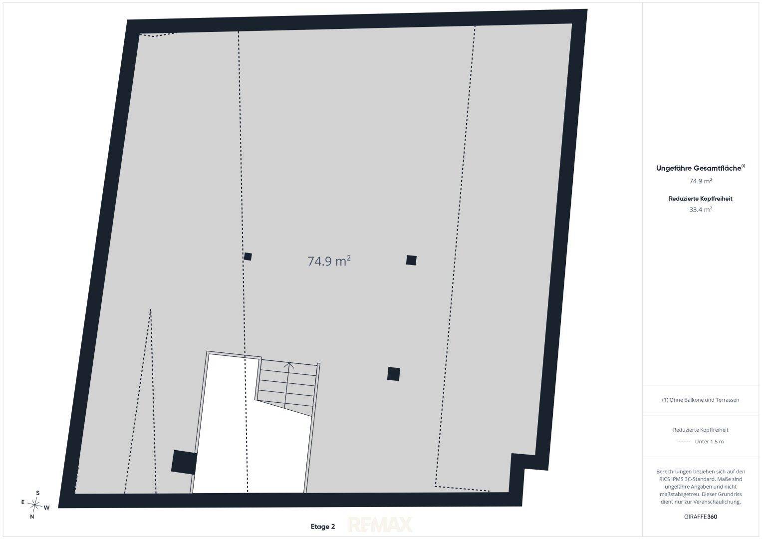 Grundriss des zweiten Obergeschosses mit großem offenen Raum, ideal für Ausbau.