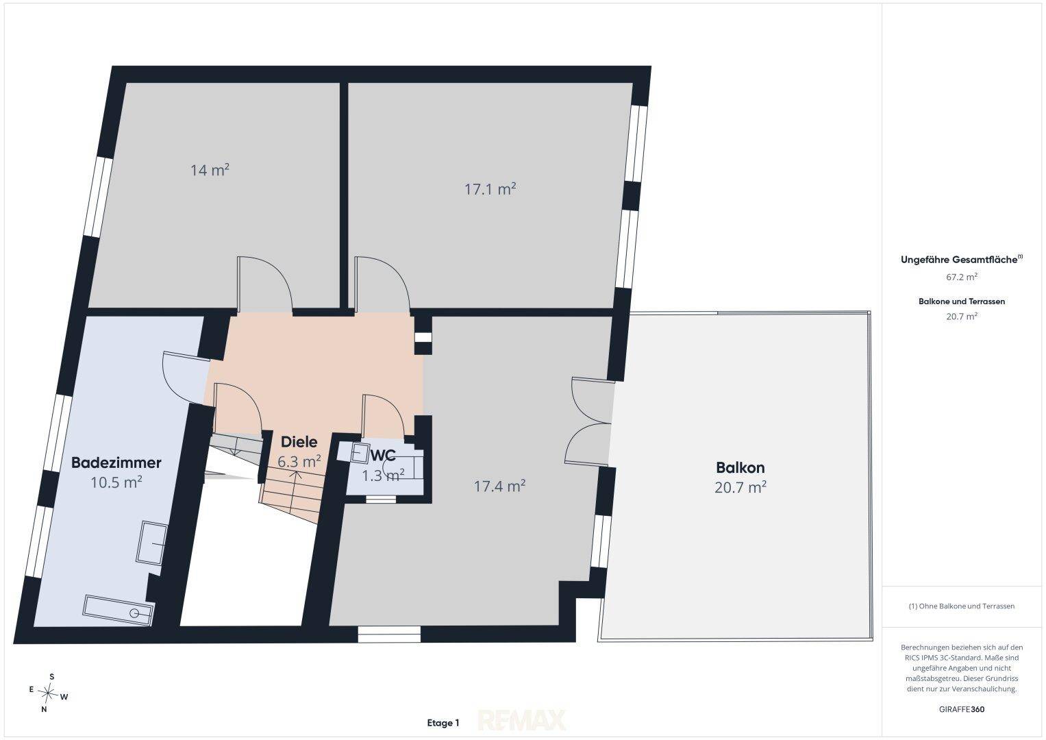 Grundriss des ersten Obergeschosses mit Badezimmer, WC und Balkon.