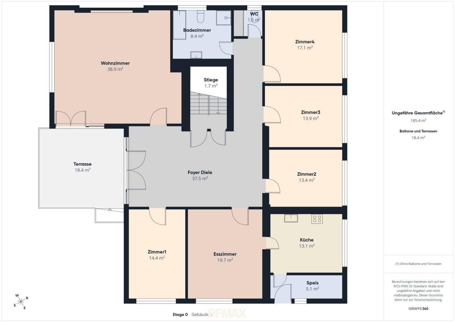 Grundriss des Erdgeschosses mit Wohnzimmer, Küche, Esszimmer und Terrasse.