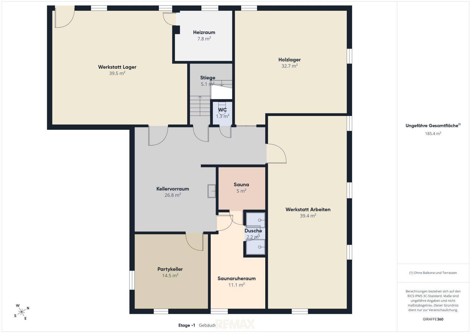 Grundriss des Kellergeschosses mit Partykeller, Sauna und Werkstattbereichen.