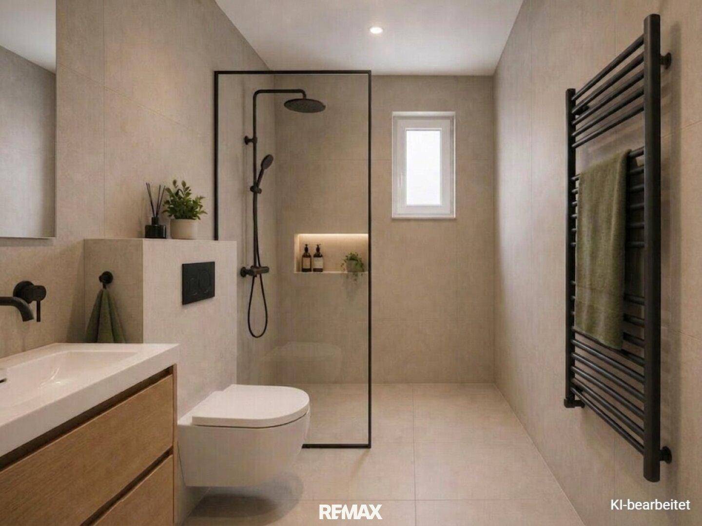Modernes Badezimmer mit begehbarer Dusche, Wand-WC und beheiztem Handtuchhalter.