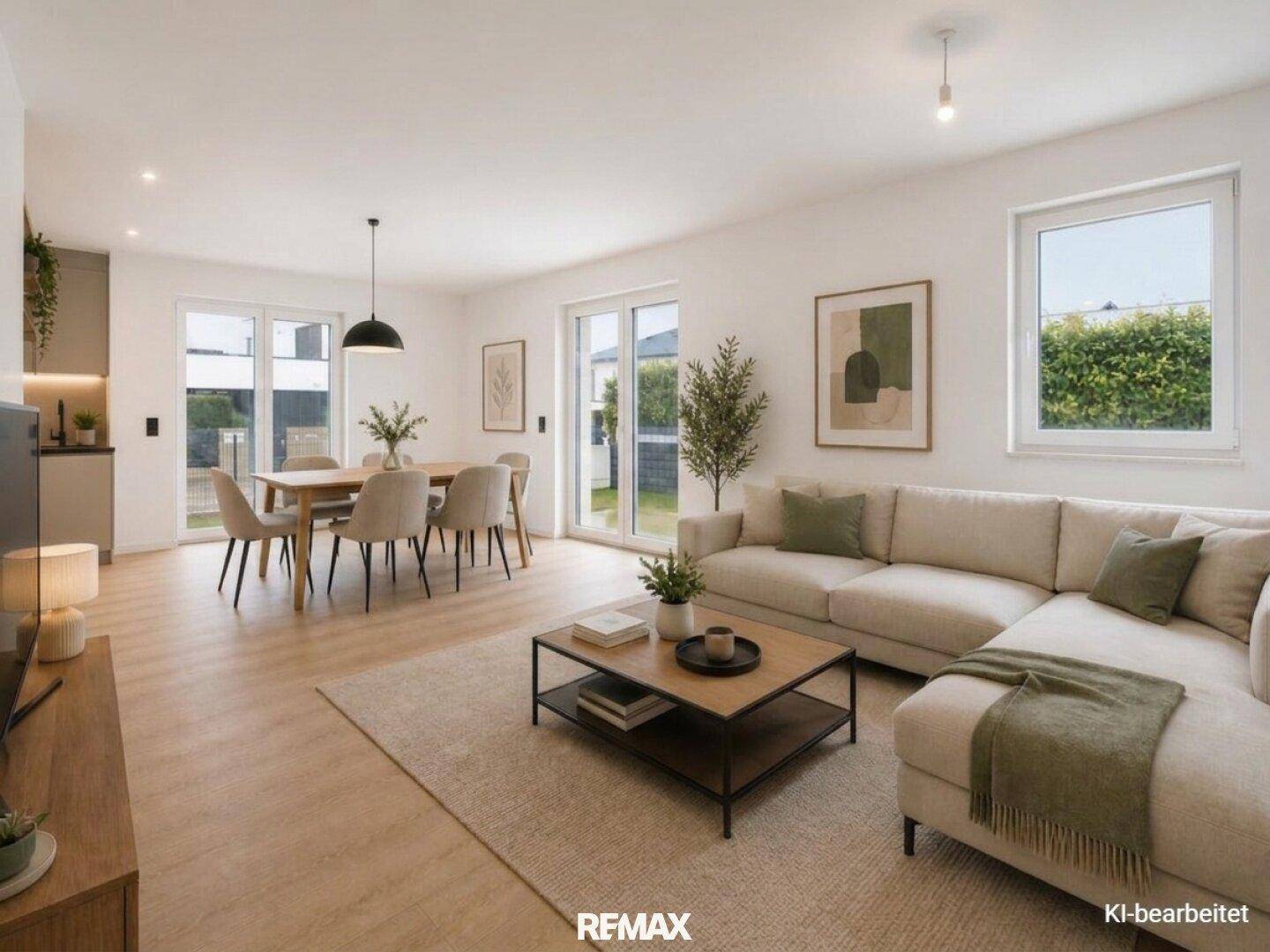 Heller, offener Wohn-Essbereich mit modernem Sofa, Esstisch und Zugang zur Terrasse.