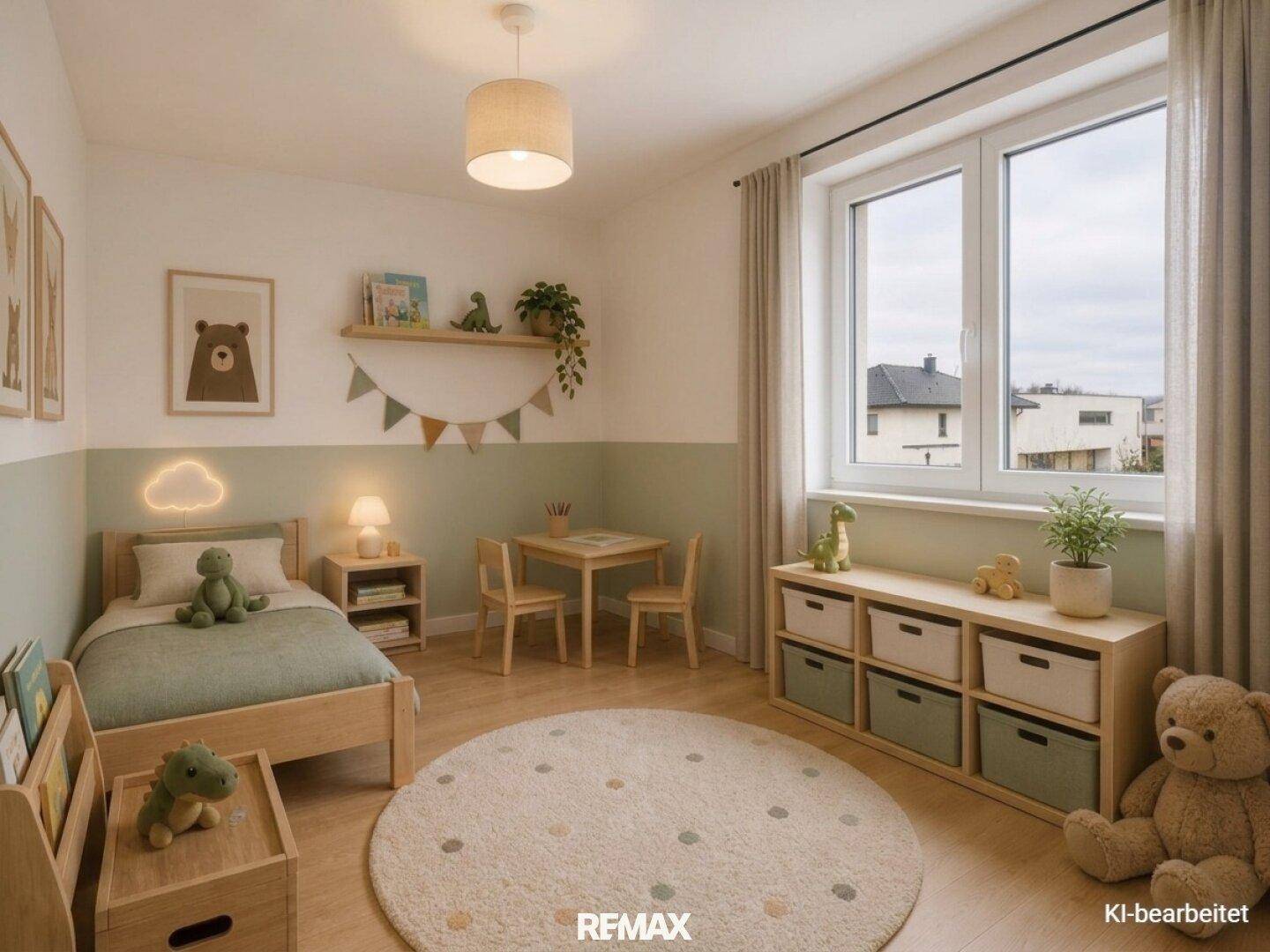 Helles Kinderzimmer mit Einzelbett, Spielbereich und großem Fenster mit Blick ins Grüne.
