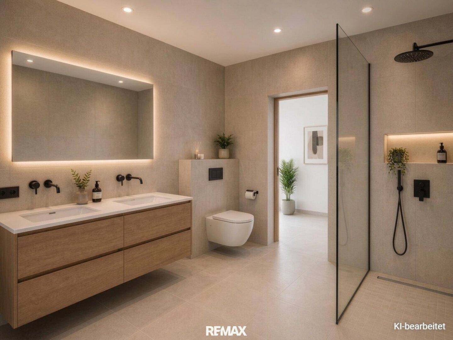 Geräumiges Badezimmer mit Doppelwaschbecken, beleuchtetem Spiegel und großer begehbarer Dusche.