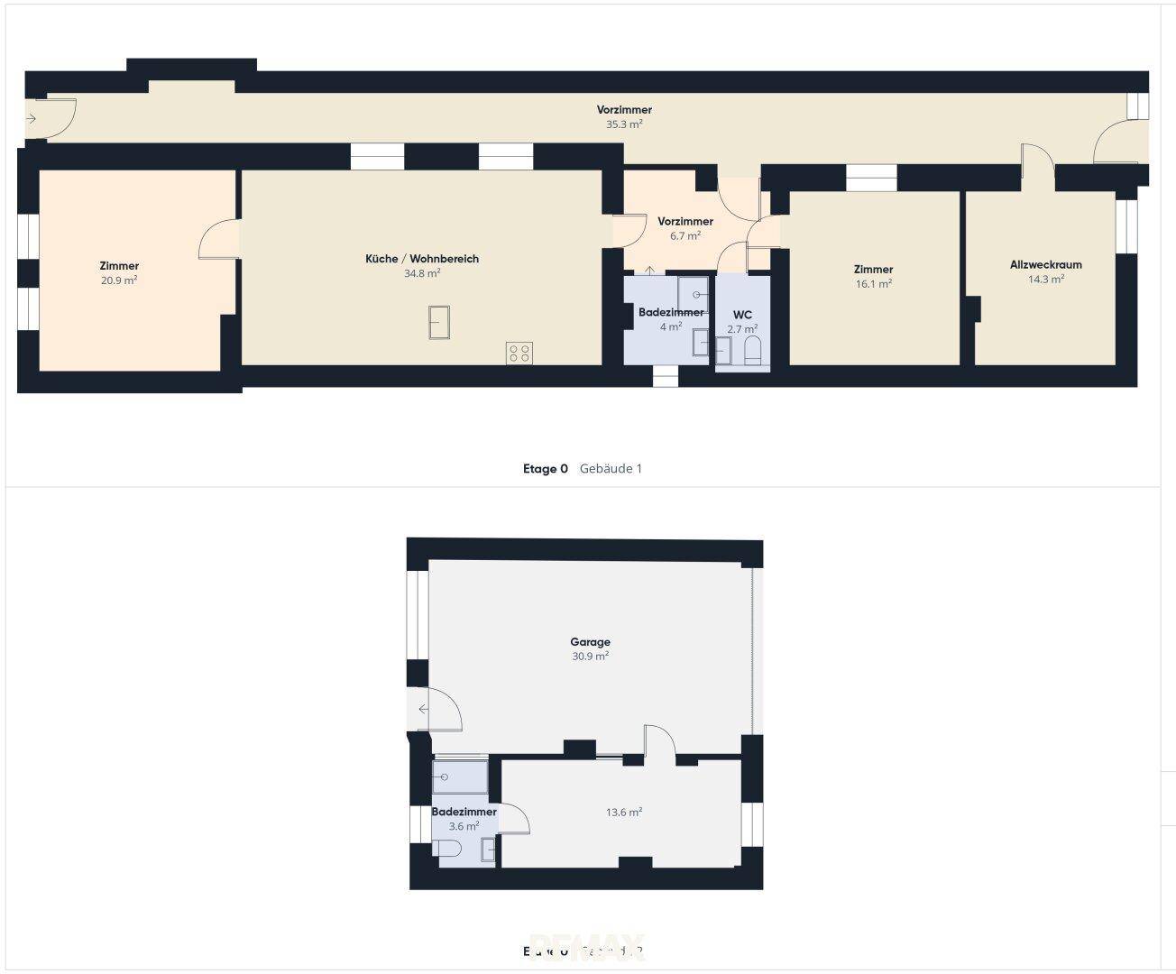Grundrisspläne zeigen das Erdgeschoss mit Küche, Wohnbereich und Zimmern sowie eine separate Garage.