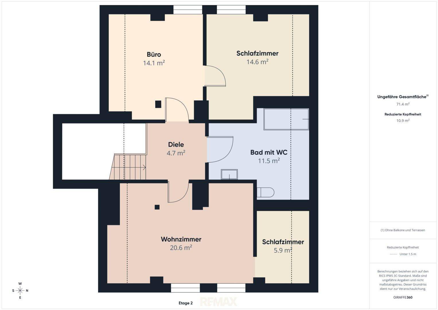 Grundriss der zweiten Etage mit Büro, zwei Schlafzimmern, Wohnzimmer und Bad mit WC.