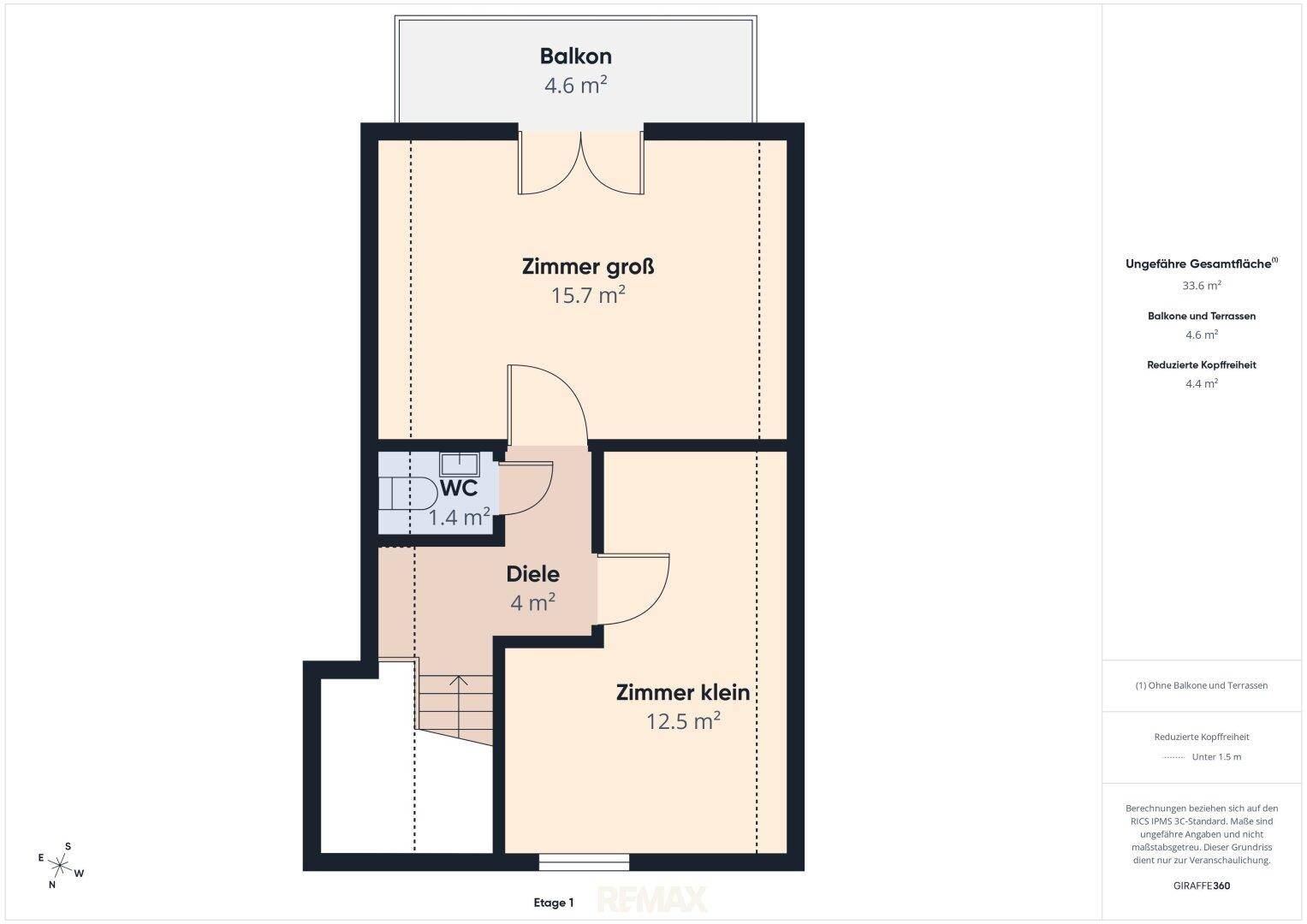 Grundriss des Obergeschosses mit zwei Schlafzimmern, WC und Balkon.