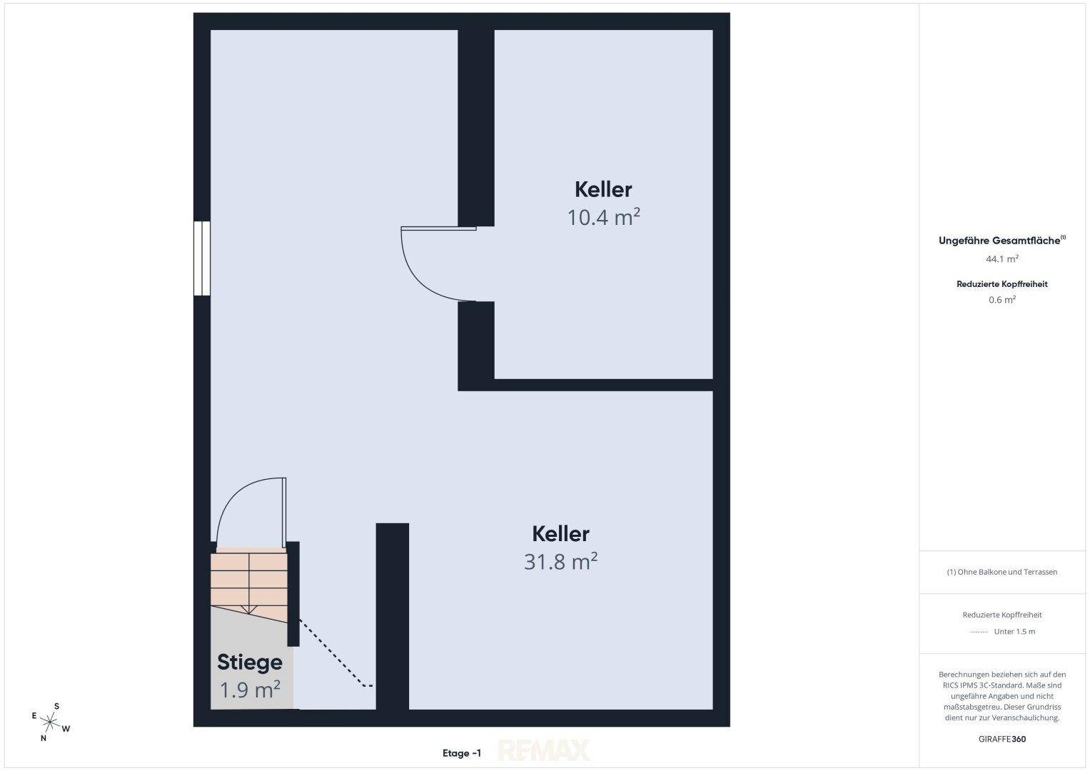 Grundriss des Kellergeschosses mit zwei Kellerräumen und Treppenaufgang.