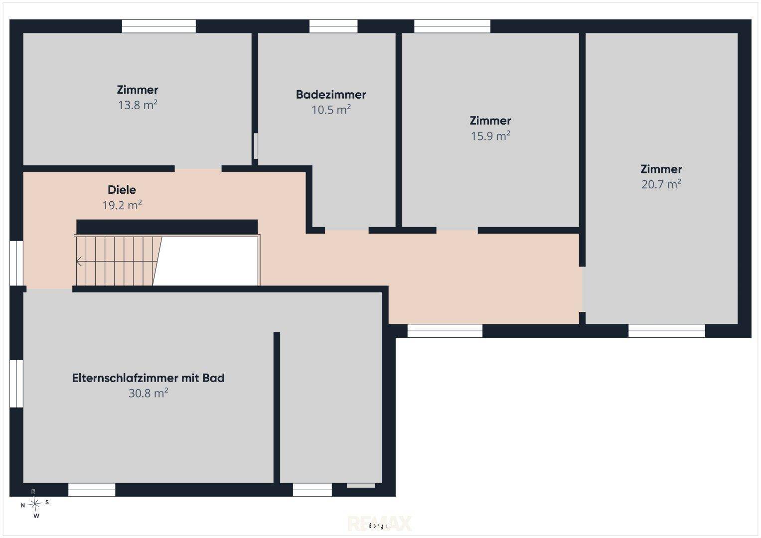 Grundriss des Obergeschosses mit Schlafzimmern, Badezimmer und Diele.
