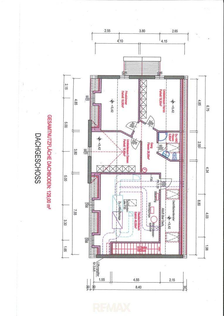 Grundriss des Dachgeschosses mit mehreren Räumen und einer Gesamtfläche von 128m².