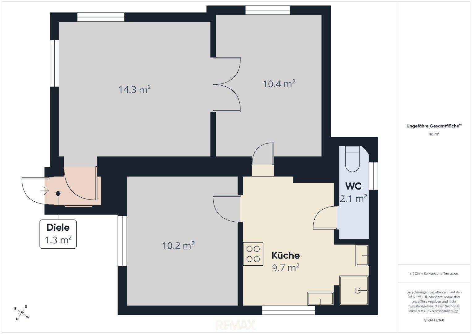 Grundriss der Wohnung mit drei Zimmern, Küche, Diele und WC auf 48 m².