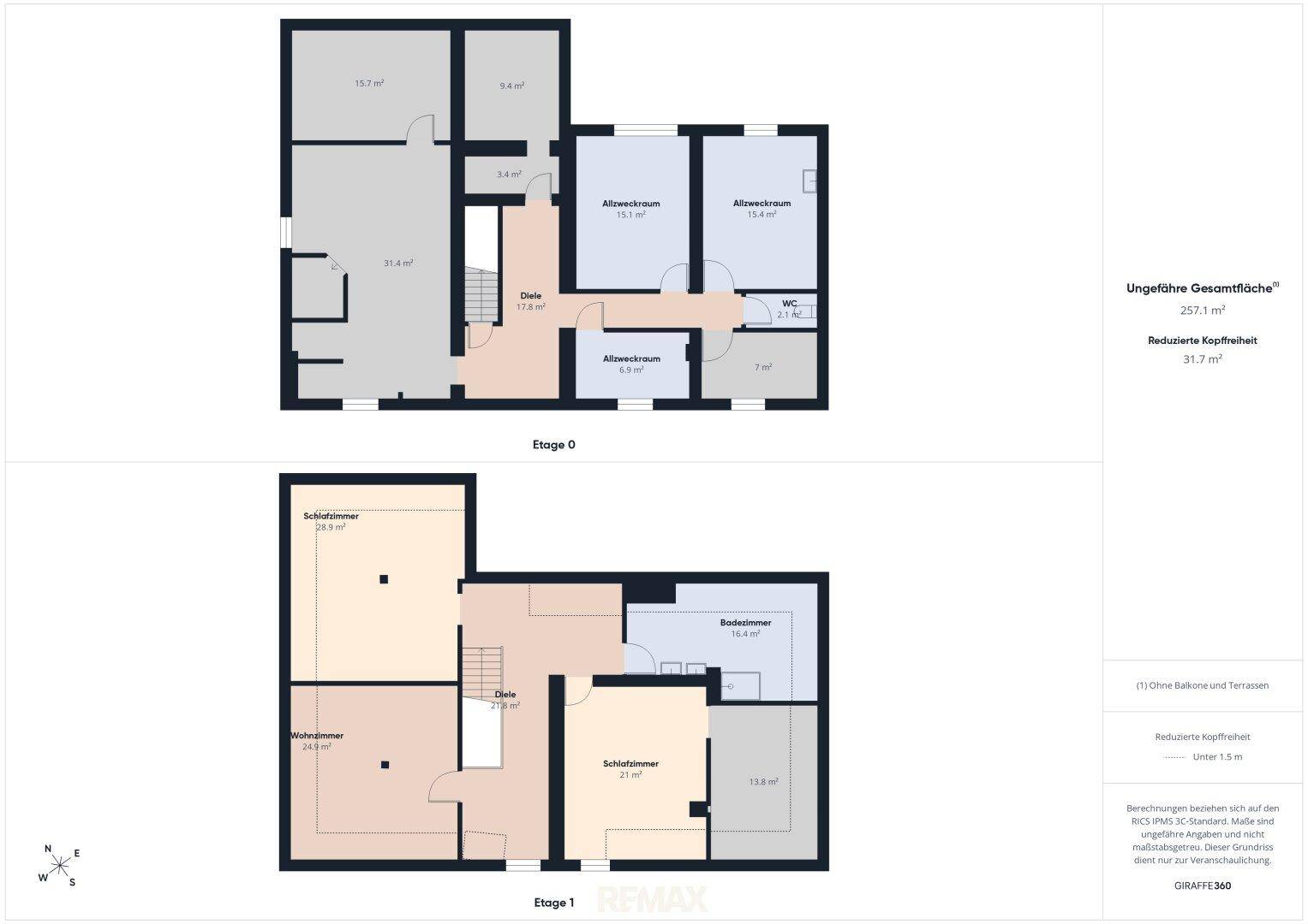 Grundrisspläne für Etage 0 und Etage 1 mit Raumaufteilung und Flächenangaben.