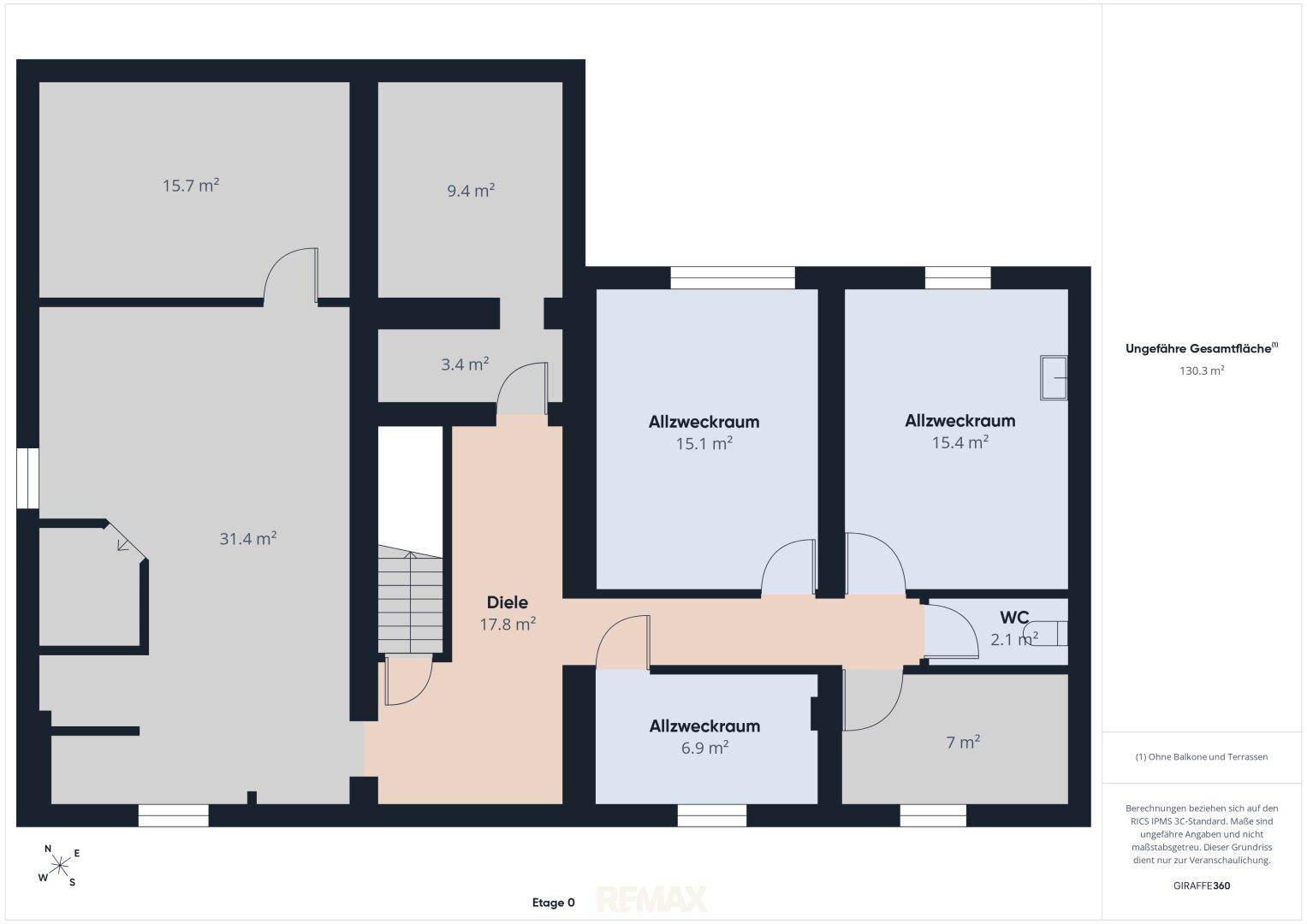Detaillierter Grundriss der Etage 0 mit Diele, Allzweckräumen und WC.