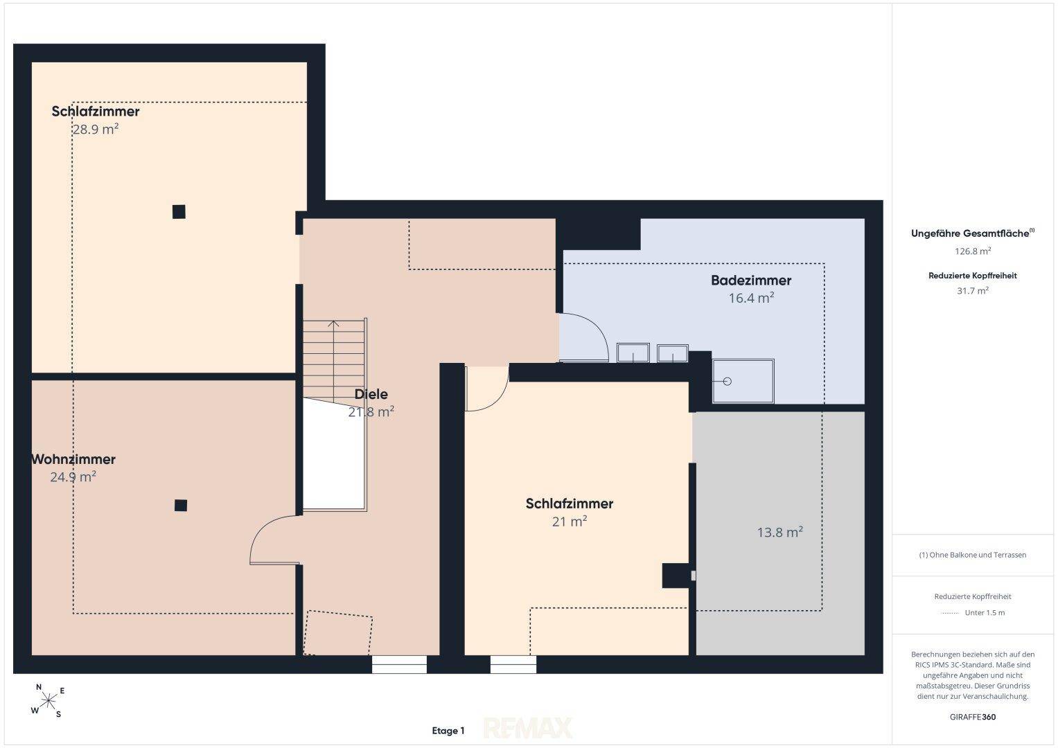 Detaillierter Grundriss der Etage 1 mit Schlafzimmern, Wohnzimmer und Badezimmer.