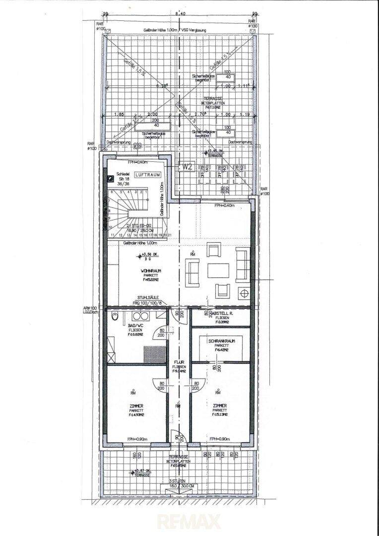 Grundrissplan mit mehreren Zimmern, Luftraum und Dachterrasse im Obergeschoss.