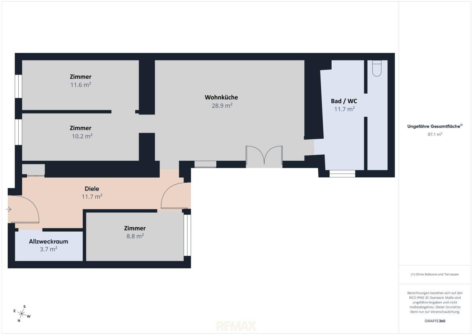 Grundrissplan des Hauses mit Wohnküche, mehreren Zimmern, Bad/WC und Diele.