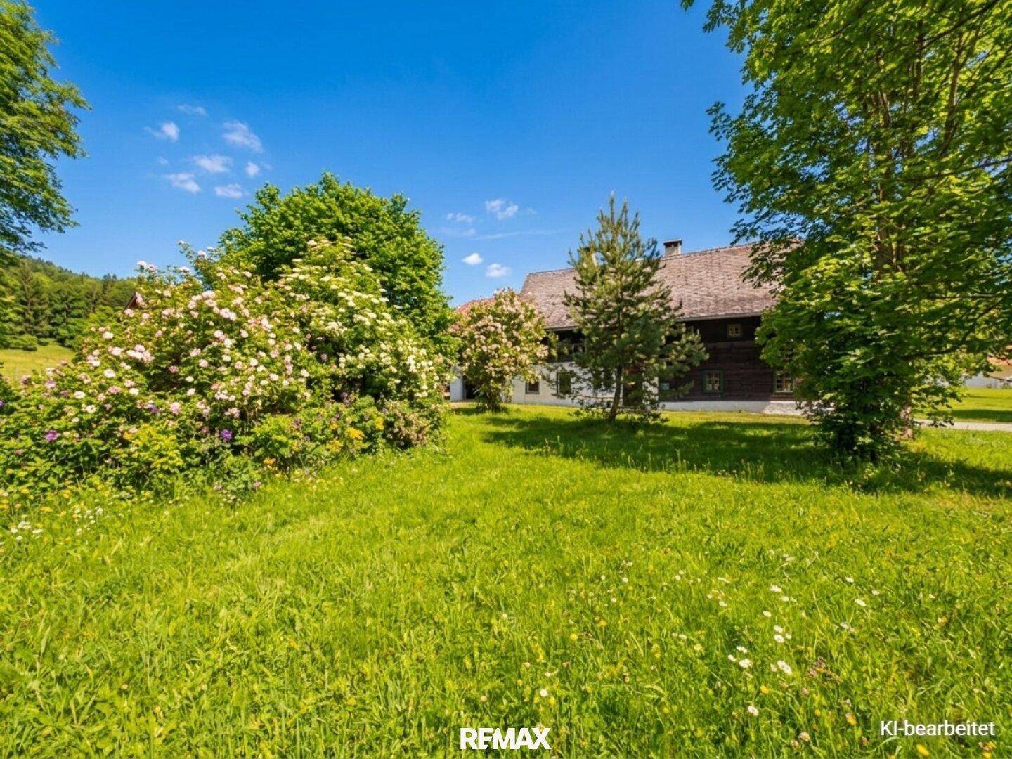 Weitläufiger Gartenbereich mit grüner Wiese und blühenden Sträuchern in ländlicher Umgebung.