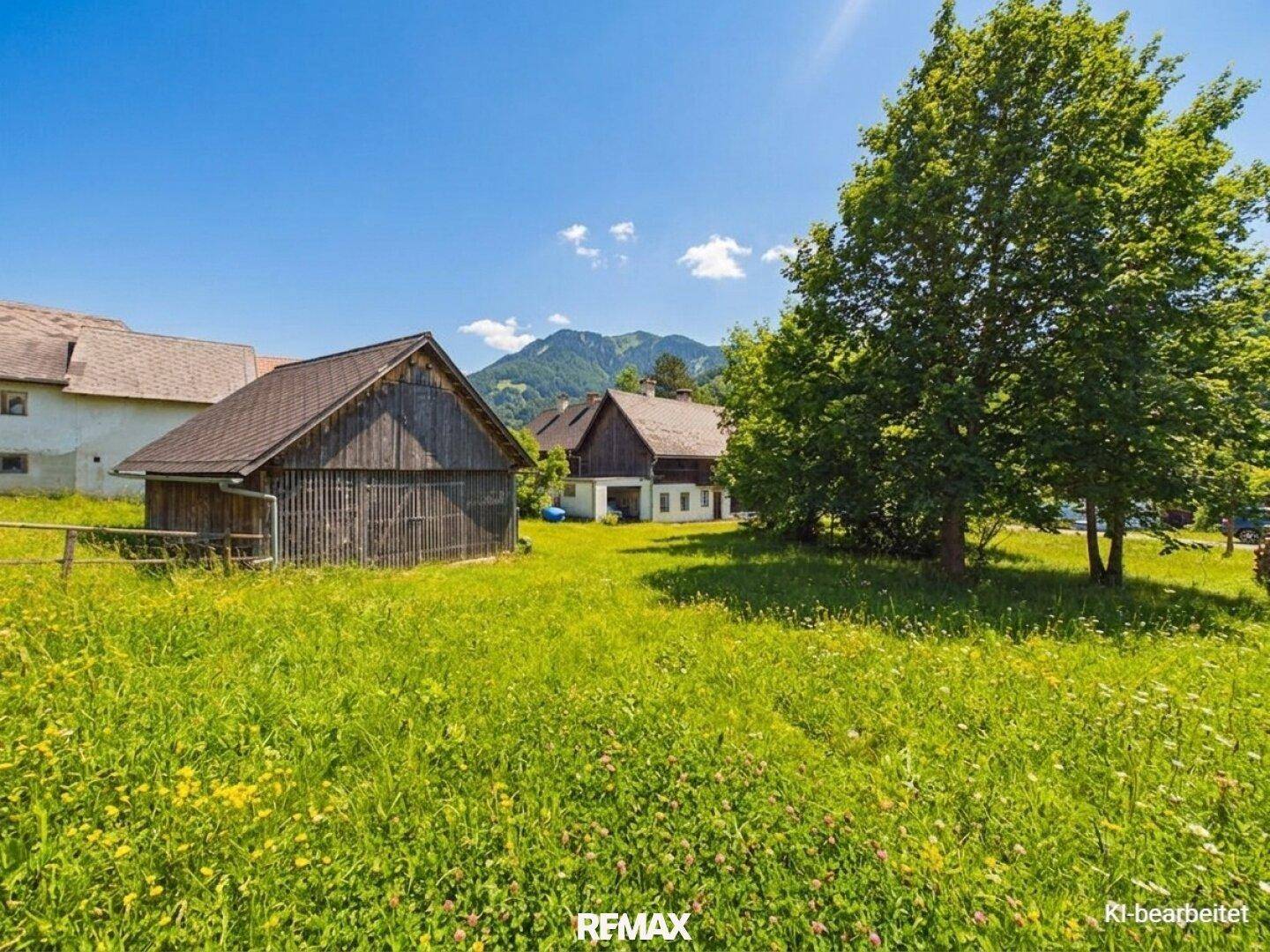 Große grüne Wiese mit Bäumen und Blick auf die umliegenden Berge und Gebäude.