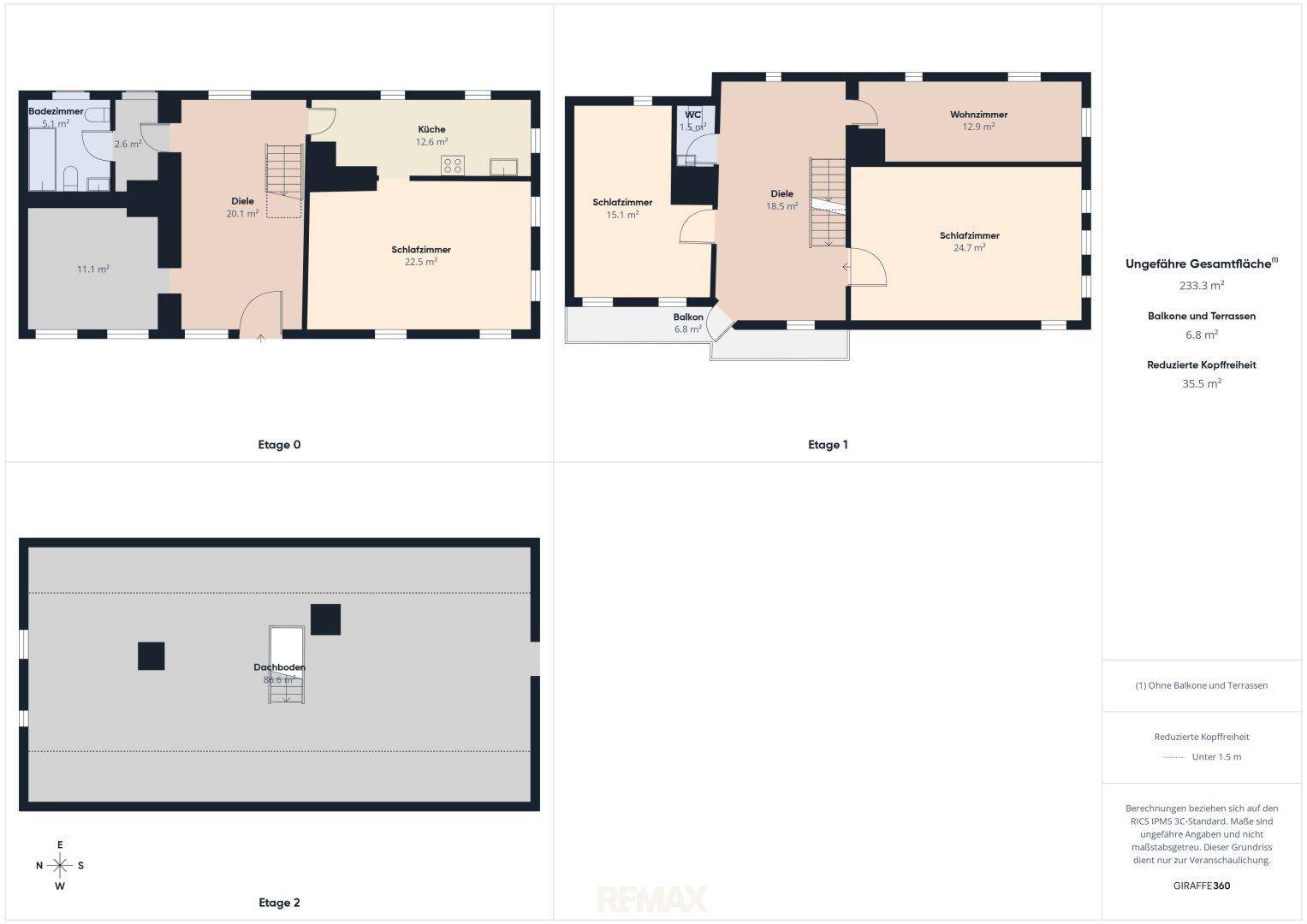 Übersicht der Grundrisse für Etage 0, Etage 1 und Etage 2 mit Raumaufteilung.