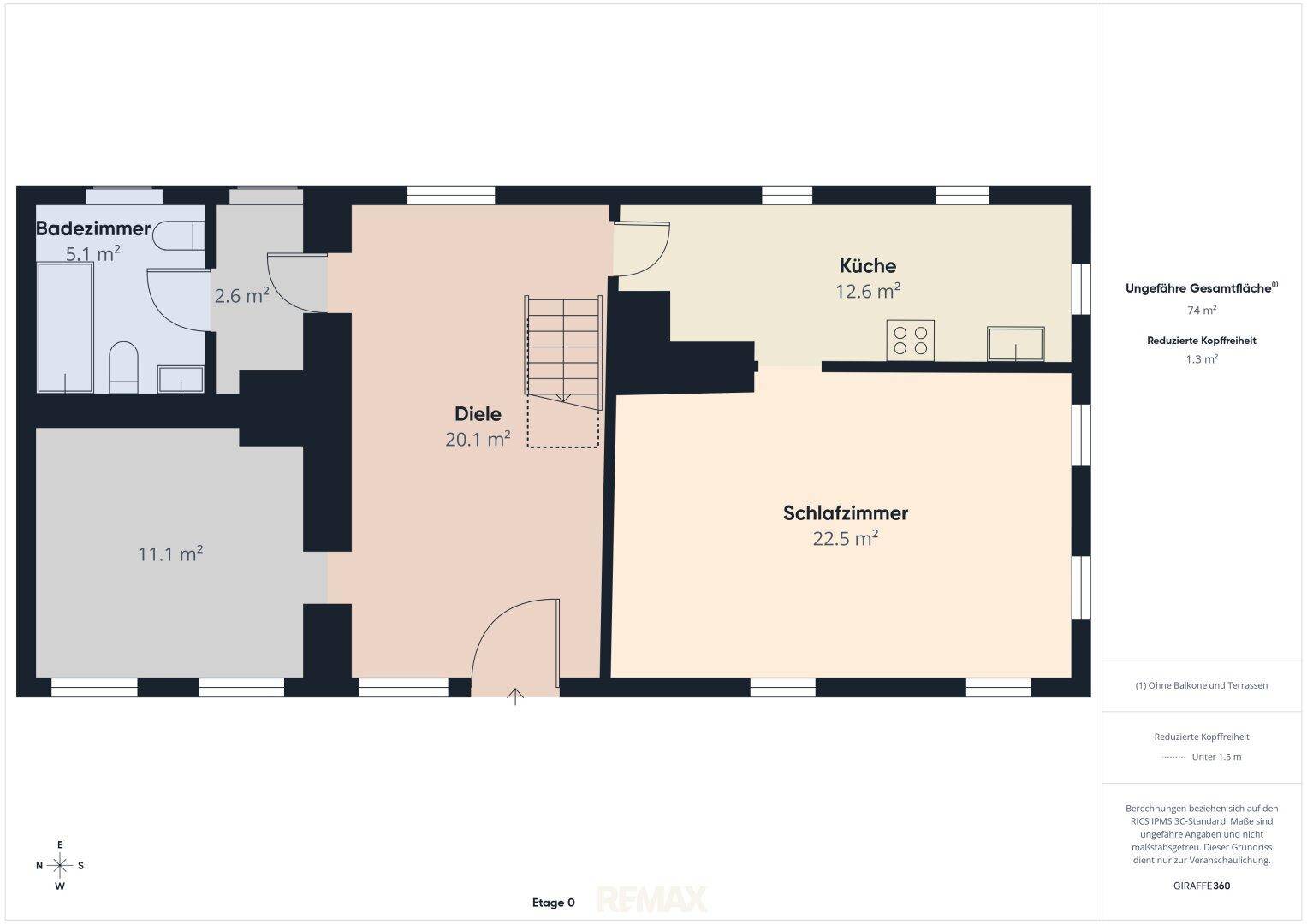 Detaillierter Grundriss von Etage 0 mit Badezimmer, Diele, Küche und Schlafzimmer.