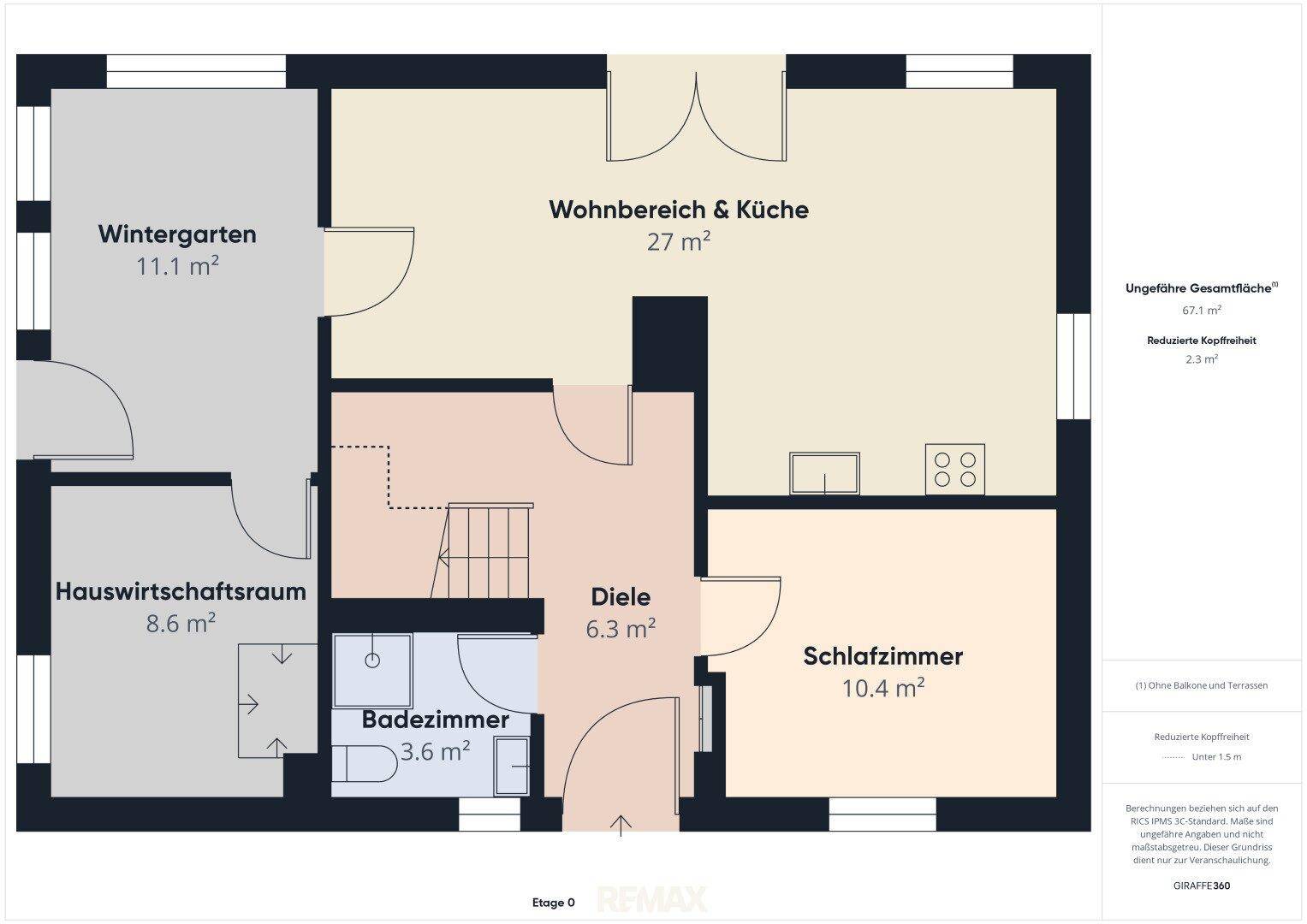 Grundriss des Erdgeschosses mit offenem Wohnbereich, Küche, Schlafzimmer, Badezimmer und Wintergarten.