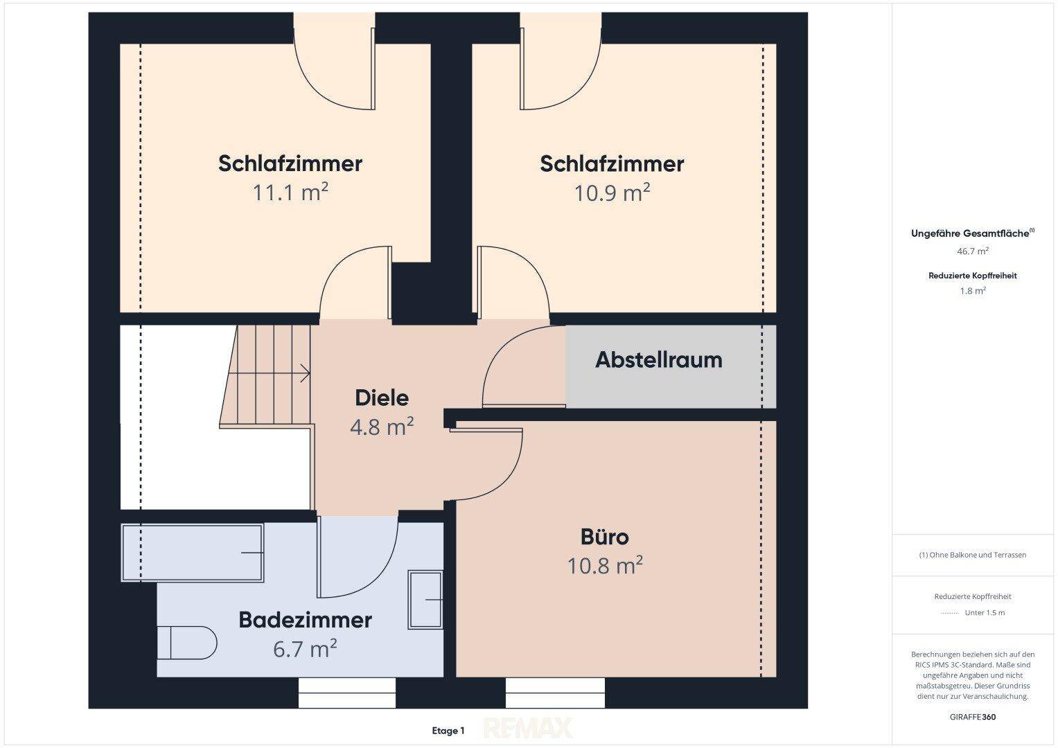 Grundriss des Obergeschosses mit zwei Schlafzimmern, einem Büro, Badezimmer und Abstellraum.