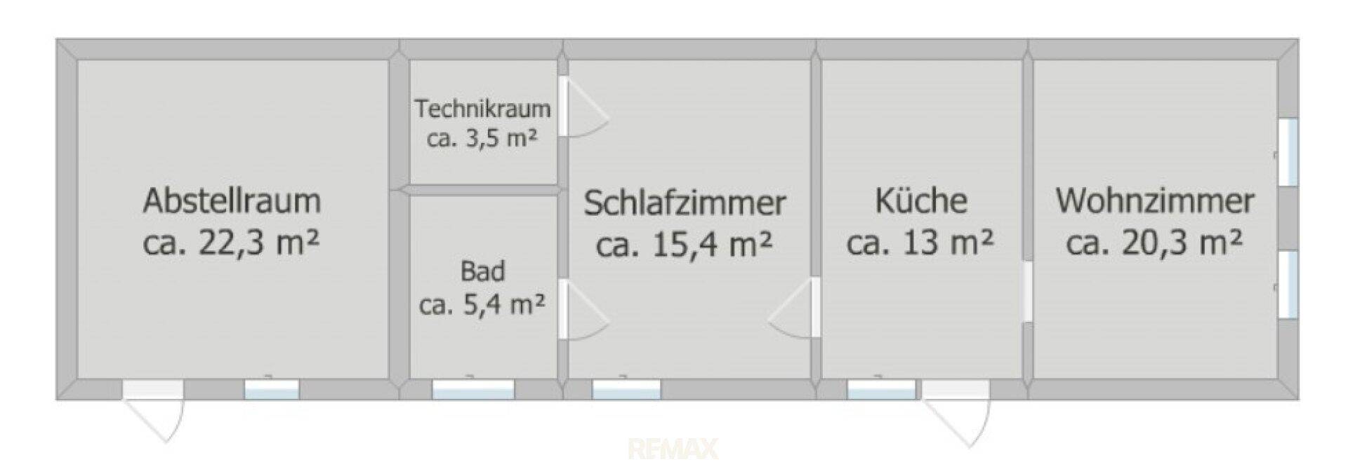 Vereinfachter Grundriss mit Abstellraum, Technikraum, Bad, Schlafzimmer, Küche und Wohnzimmer.