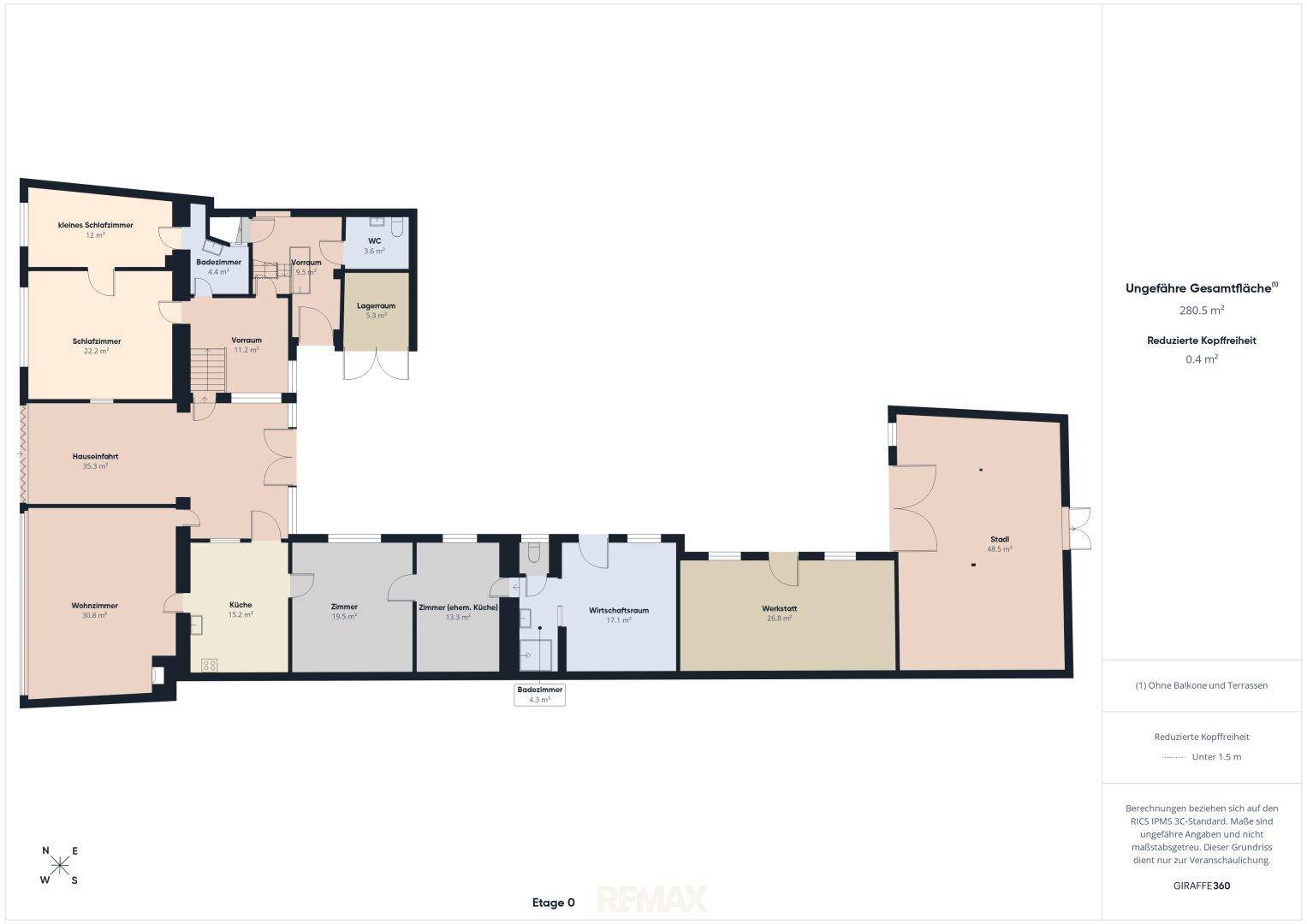 Grundriss der Etage 0 mit mehreren Schlafzimmern, Wohnzimmer, Küche, Bad und separatem WC sowie Wirtschaftsraum und Werkstatt.