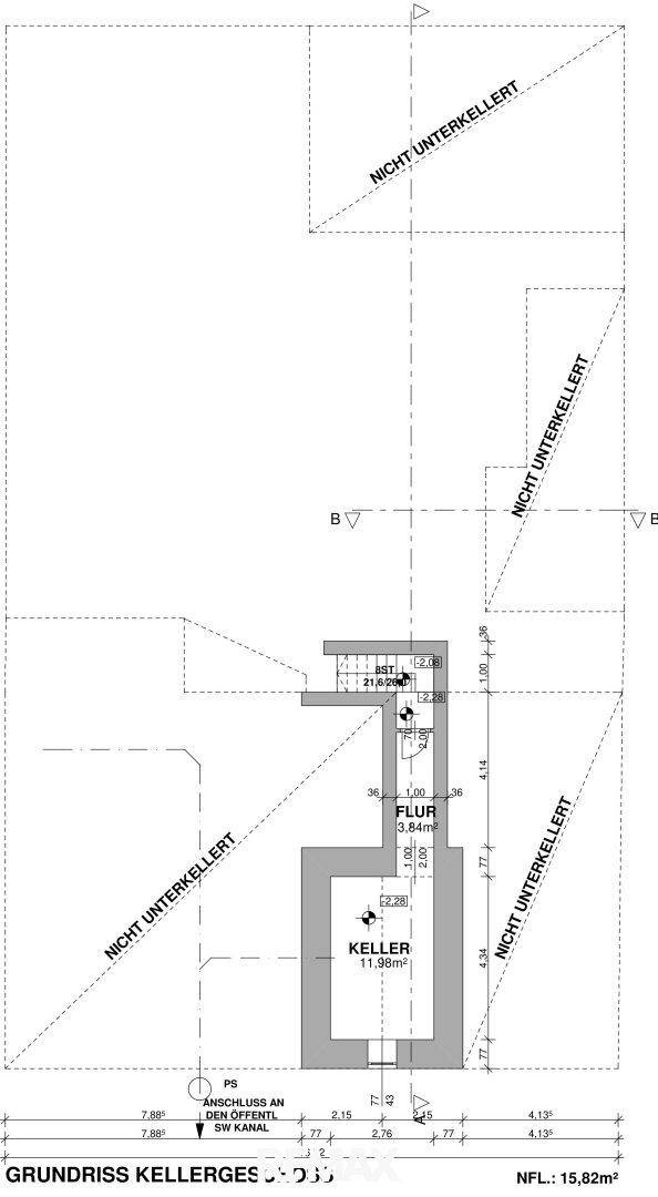Grundriss des Kellergeschosses mit einem Kellerraum und nicht unterkellerten Bereichen.