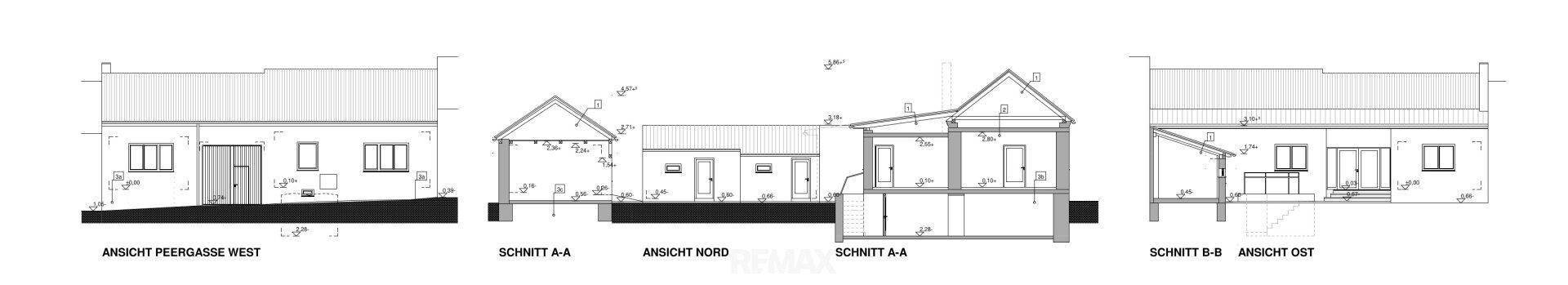 Architektonische Ansichten und Schnitte des Gebäudes von verschiedenen Seiten.