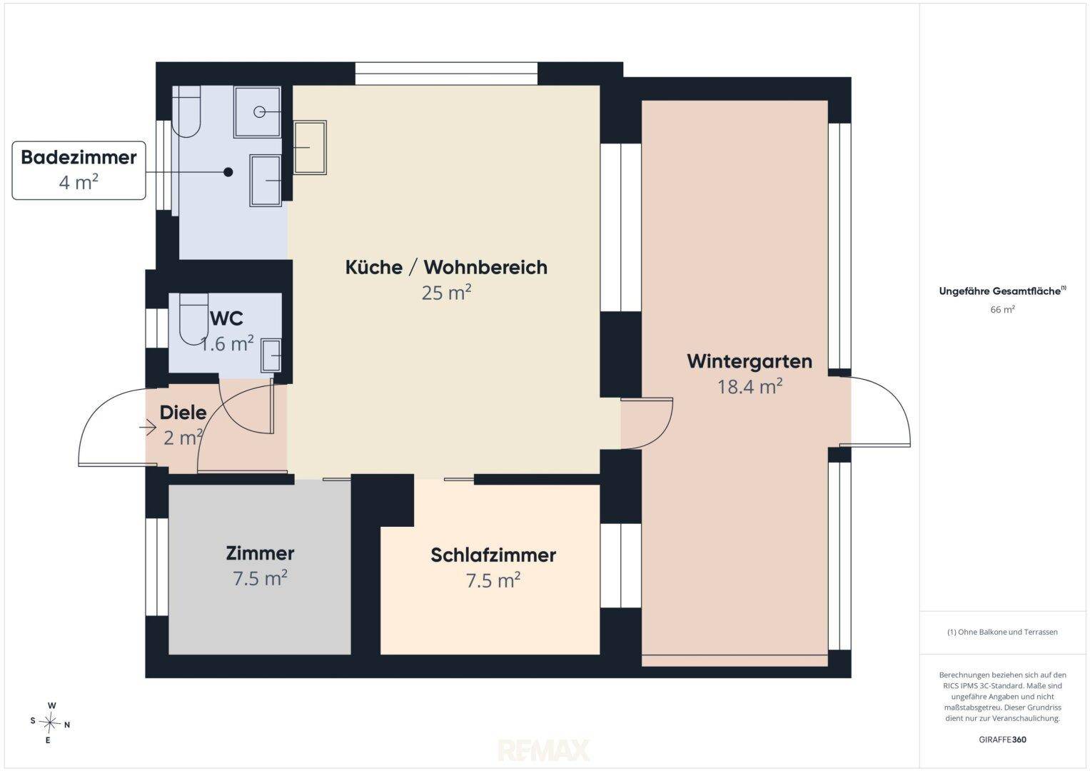 Grundriss einer Wohnung mit offenem Wohnbereich, zwei Zimmern, Badezimmer, separatem WC und einem Wintergarten.