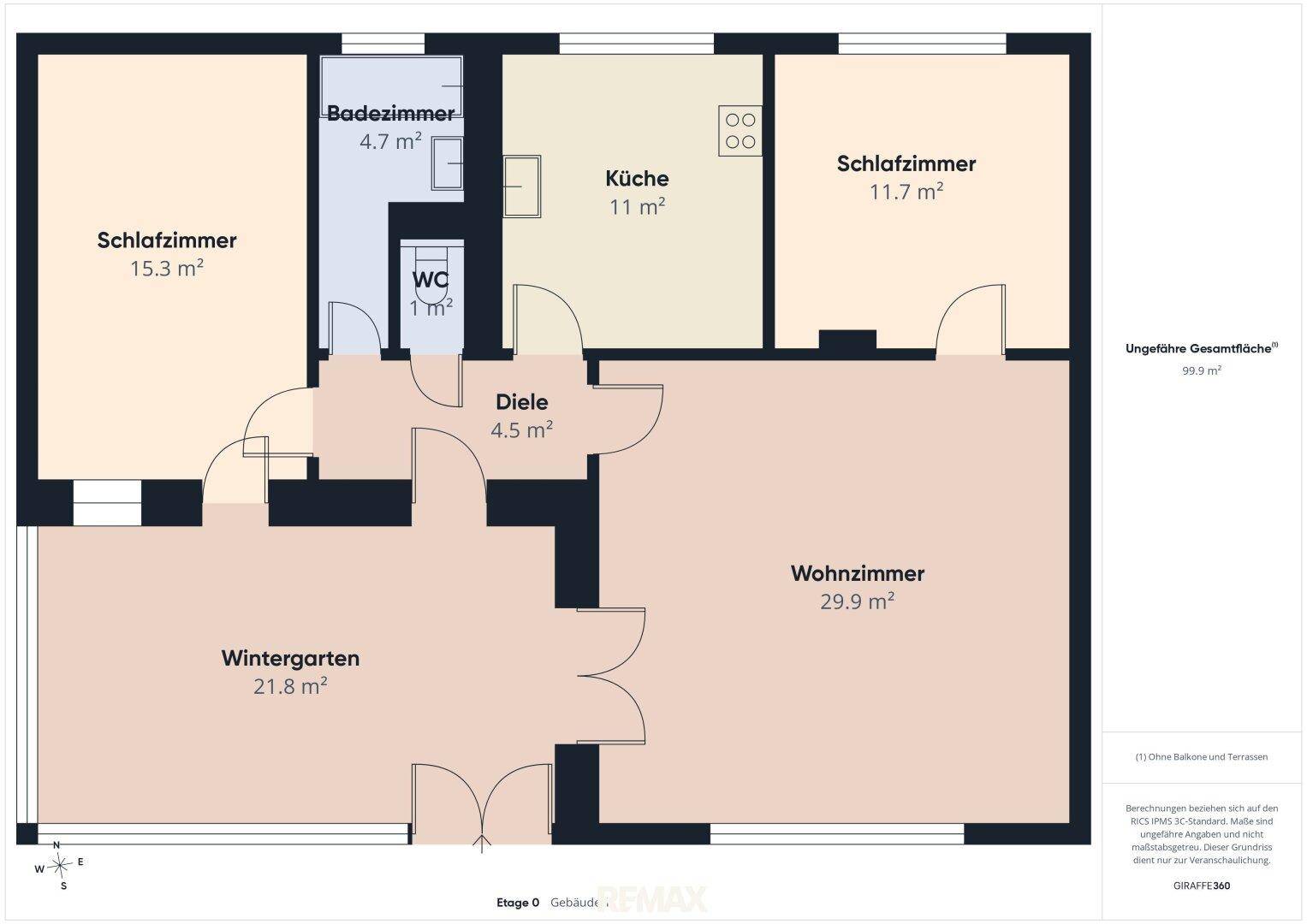 Detaillierter Grundriss des Erdgeschosses mit Wohnzimmer, Küche, zwei Schlafzimmern und Wintergarten.