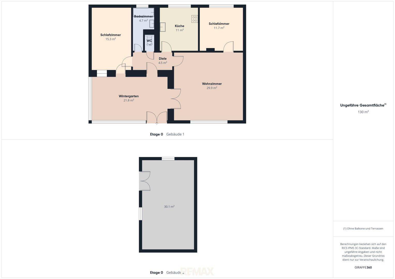 Grundriss des Erdgeschosses mit Wohnzimmer, Küche, Schlafzimmern und Wintergarten sowie einem separaten Raum.