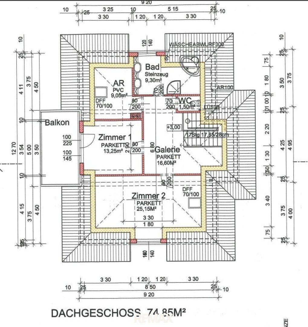 Grundriss des Dachgeschosses mit zwei Schlafzimmern, Bad, Galerie und Balkonzugang.