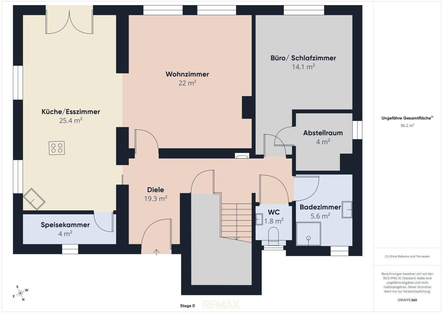 Farbiger Grundriss des Erdgeschosses mit Küche/Esszimmer, Wohnzimmer und Büro/Schlafzimmer.