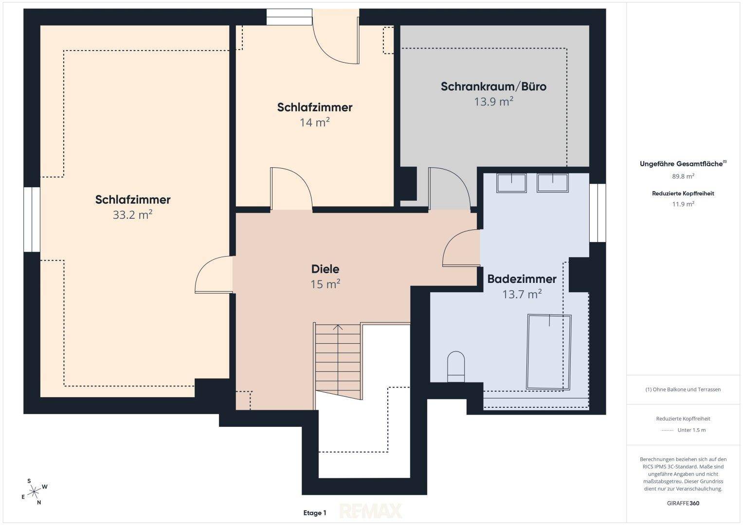 Farbiger Grundriss des Obergeschosses mit zwei Schlafzimmern, Bad und Schrankraum/Büro.