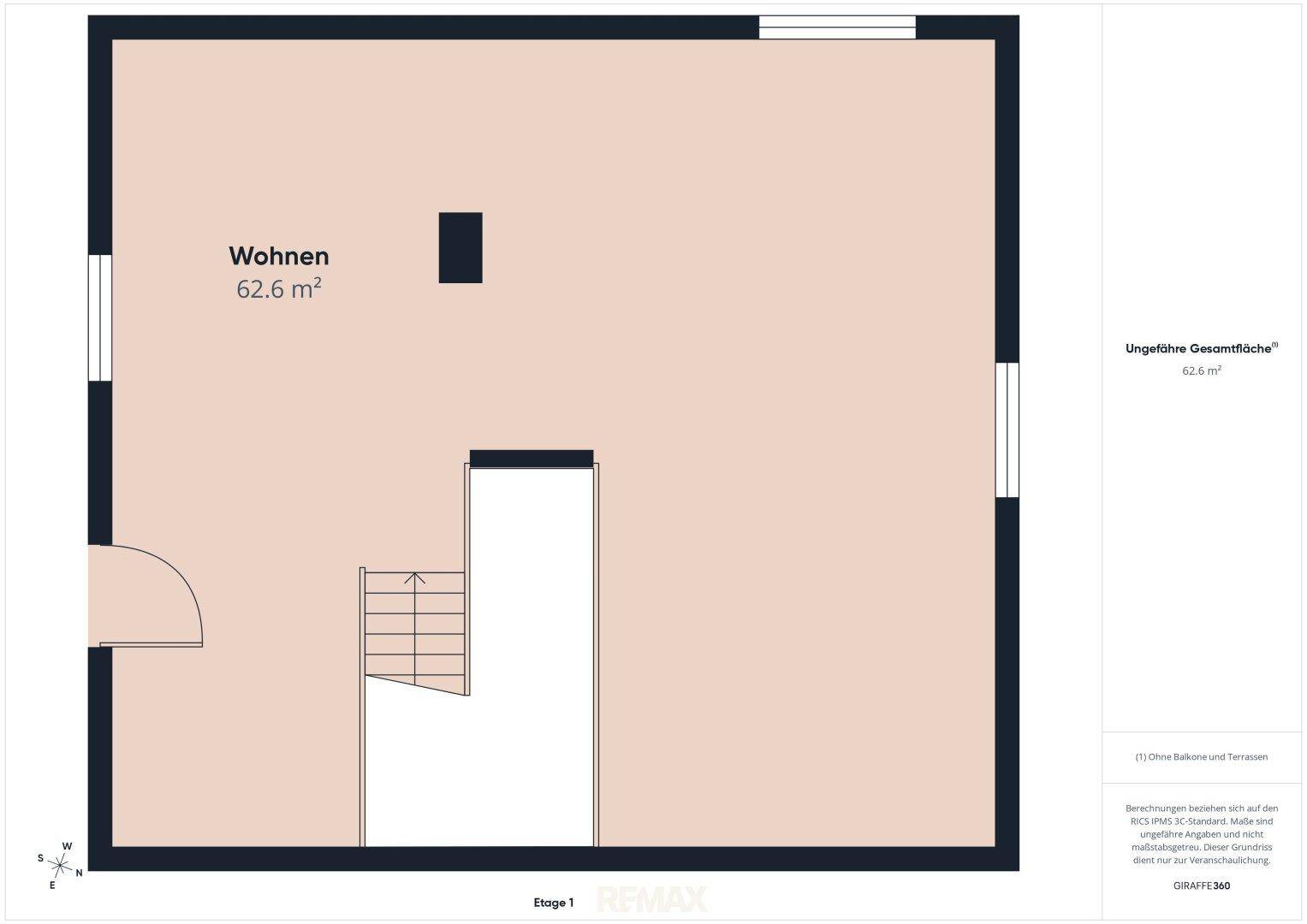 Grundriss des Obergeschosses mit einem großen Wohnbereich von 62,6 m².