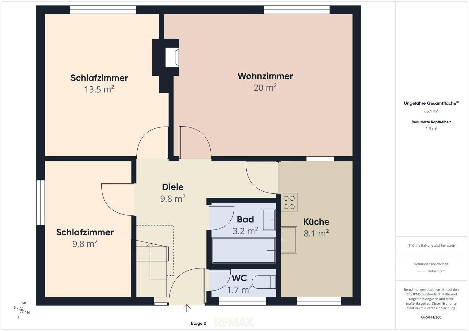 Grundriss des Erdgeschosses mit zwei Schlafzimmern, Wohnzimmer, Küche und Bad.