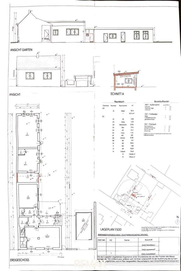 Verschiedene architektonische Zeichnungen, darunter Ansichten, Schnitte und ein Lageplan des Grundstücks.