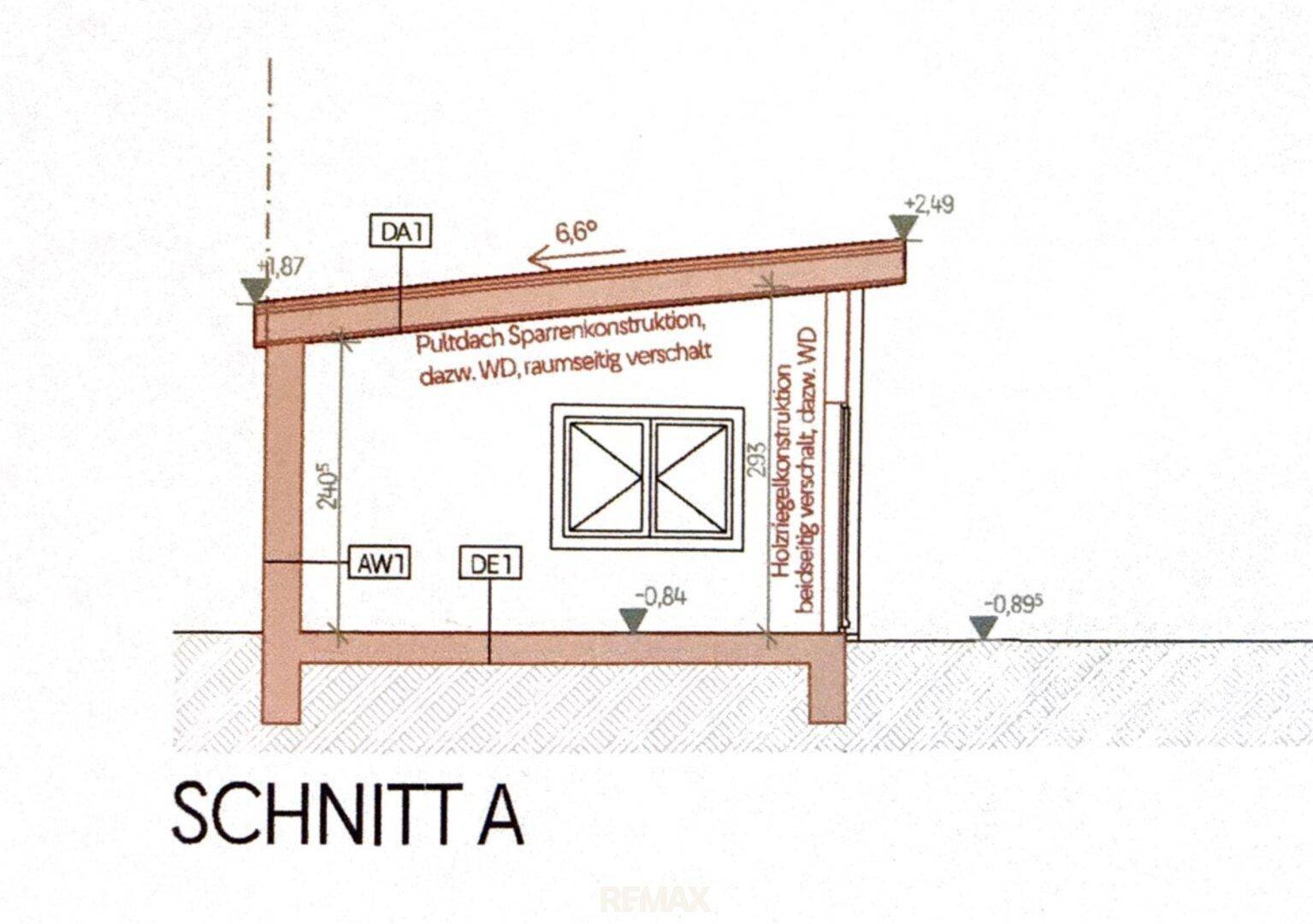 Architektonischer Schnitt A, der eine schuppenartige Struktur mit Pultdach darstellt.