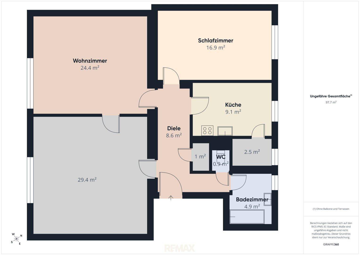 Grundriss einer Wohnung mit Wohnzimmer, Schlafzimmer, Küche, Diele, Bad und WC.