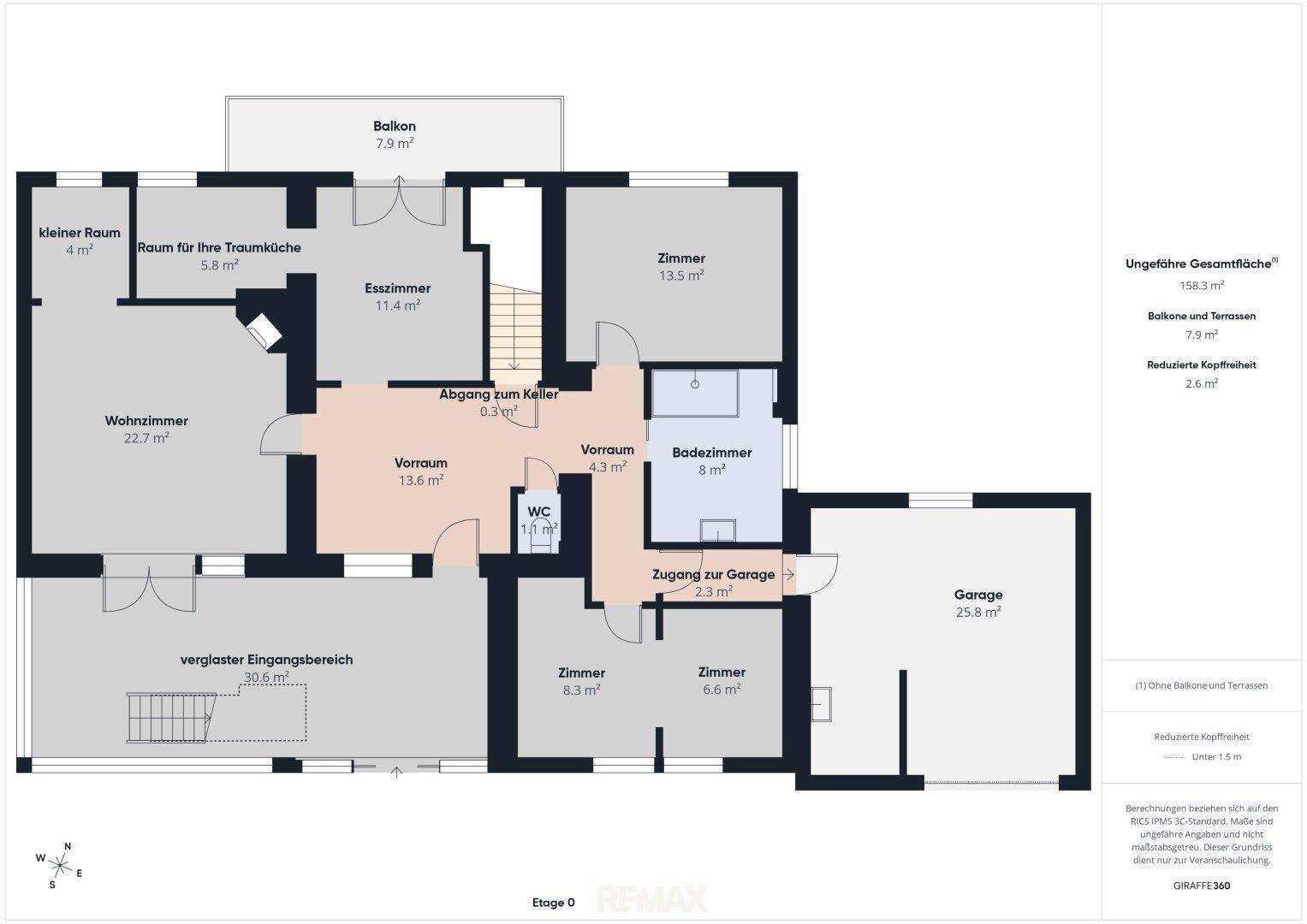 Grundriss des Erdgeschosses mit Wohnzimmer, Esszimmer, Bad, WC und Garage.