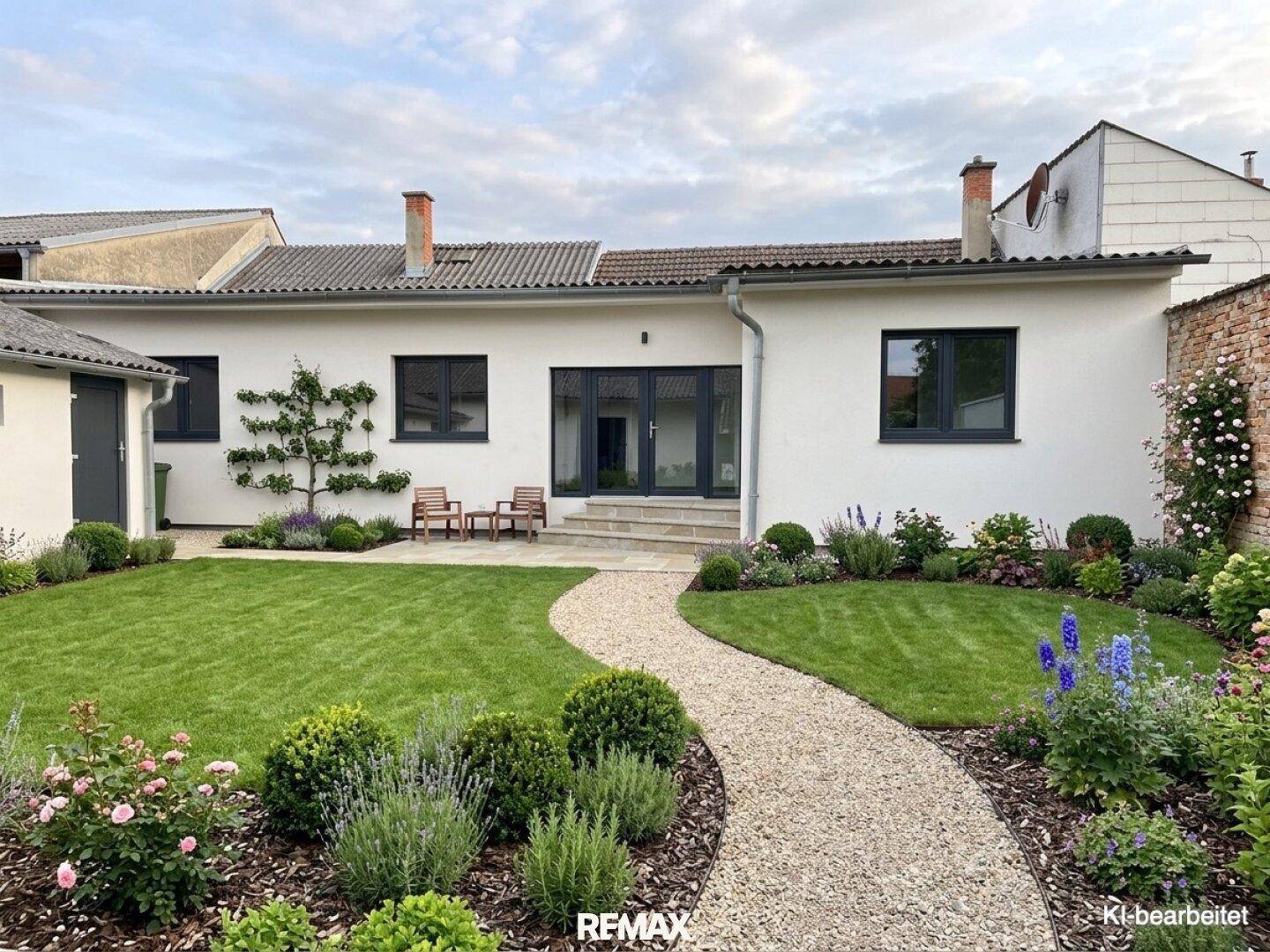 Gepflegter Garten mit Rasen, Kiesweg und einem gemütlichen Sitzbereich hinter dem Haus.