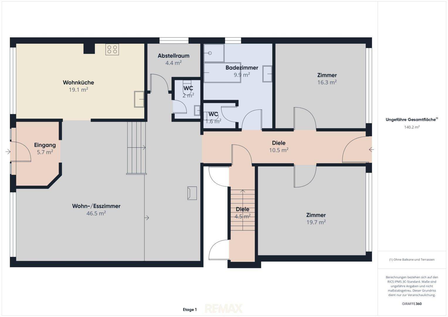 Grundriss der ersten Etage mit Wohnküche, großem Wohn-Esszimmer, zwei Zimmern und Badezimmer.