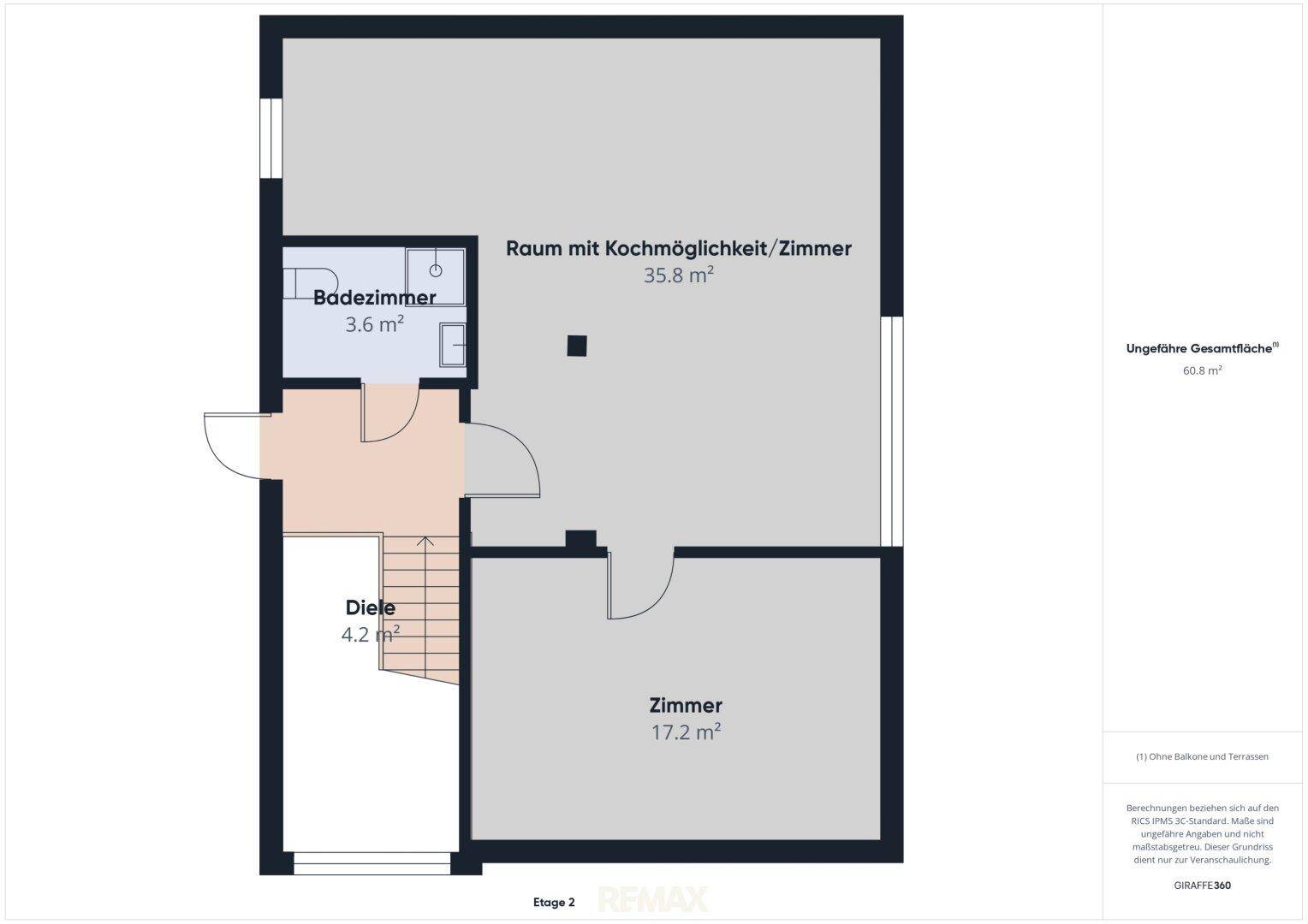 Grundriss der zweiten Etage mit einem Zimmer, einem Raum mit Kochmöglichkeit und einem Badezimmer.