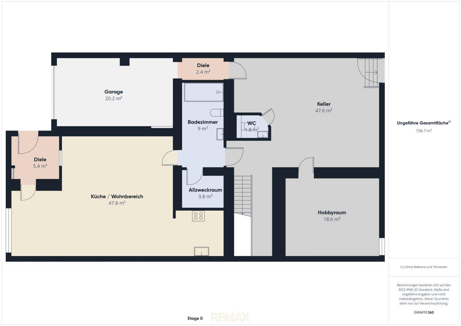 Grundriss des Erdgeschosses mit Garage, Küche/Wohnbereich, Hobbyraum, Keller und Badezimmer.