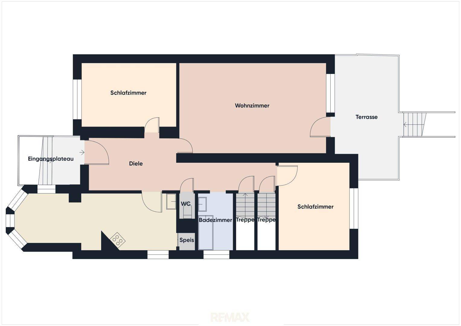 Grundriss des Obergeschosses mit Schlafzimmern, Wohnzimmer, Badezimmer und Terrasse.