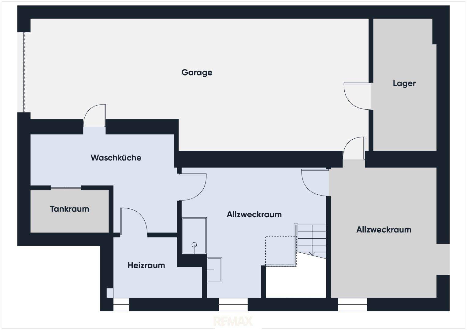 Grundriss des Untergeschosses mit Garage, Waschküche und Lagerräumen.