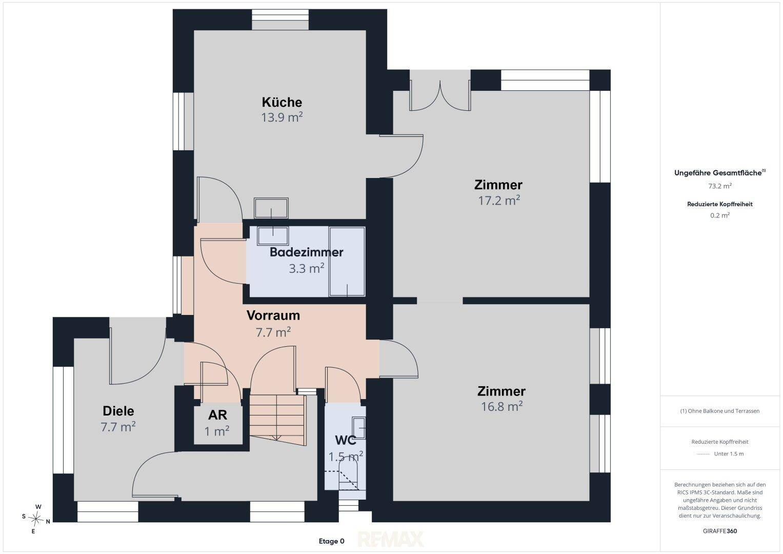 Grundriss der Etage 0 mit Küche, Badezimmer, WC und zwei Zimmern, insgesamt 73,2 m².